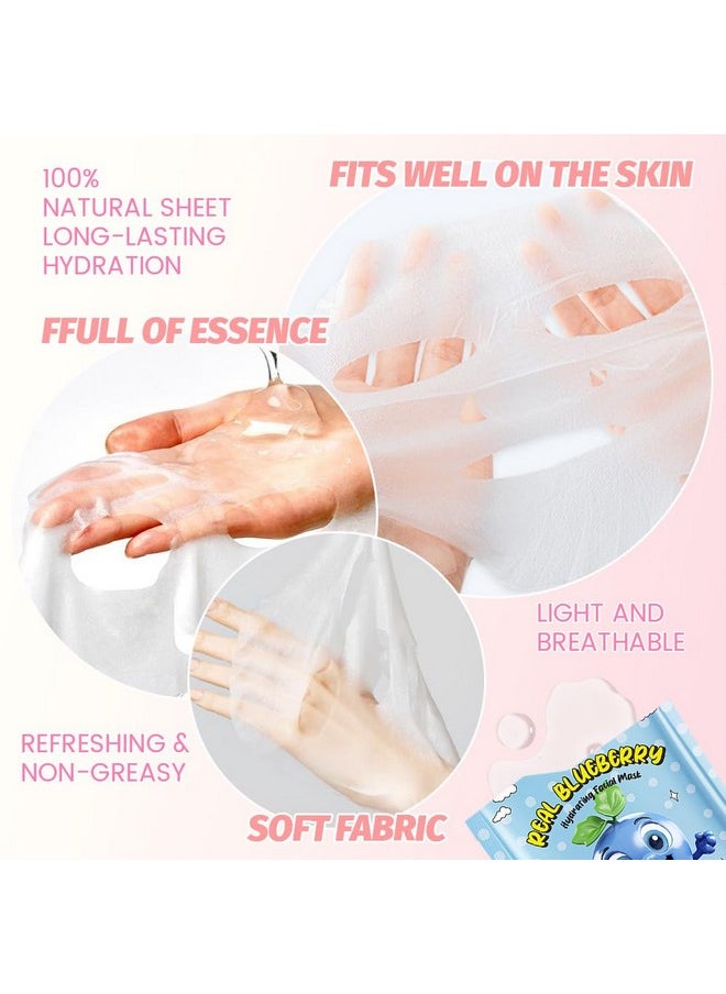 AMY'S DIARY - AMY'S DIARY 8 PCS Real Hydrating Nature Face Masks Skincare, Hyaluronic Acid, Vitamin C and E, Chamomile, Korean Beauty Essence Facial Paper Sheet Mask for Skin Care Moisturizing (Blueberry) - Image 1