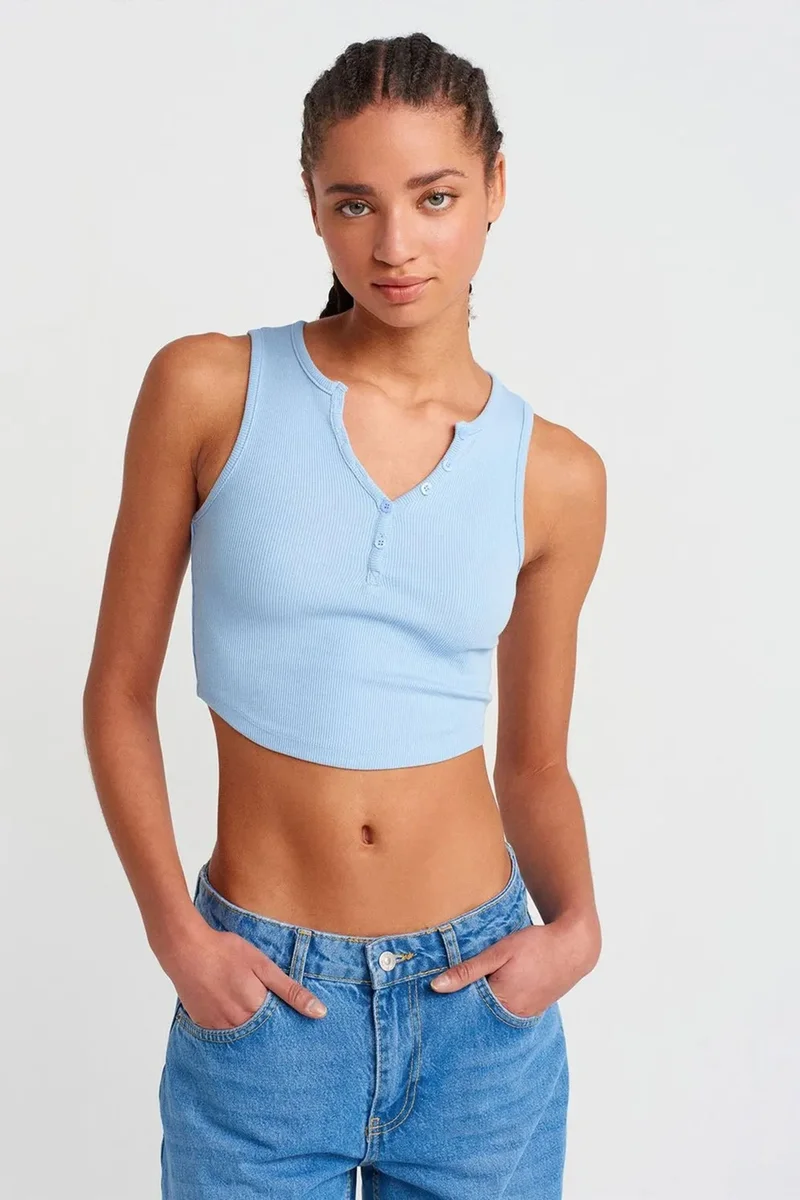 DILVIN Women's Ribbed Crop Blouse With Buttons