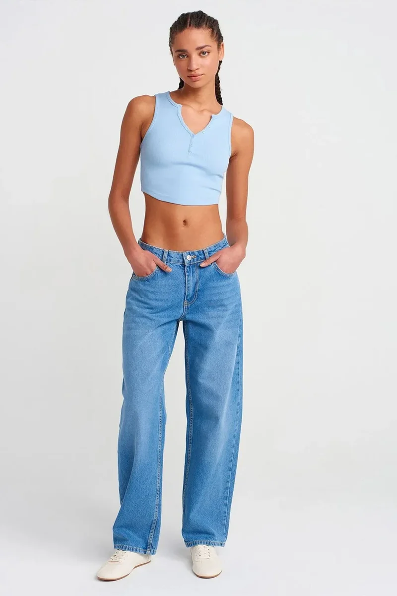 Dilvin Baby Blue DILVIN Women's Ribbed Crop Blouse With Buttons for Women | Best Price UAE