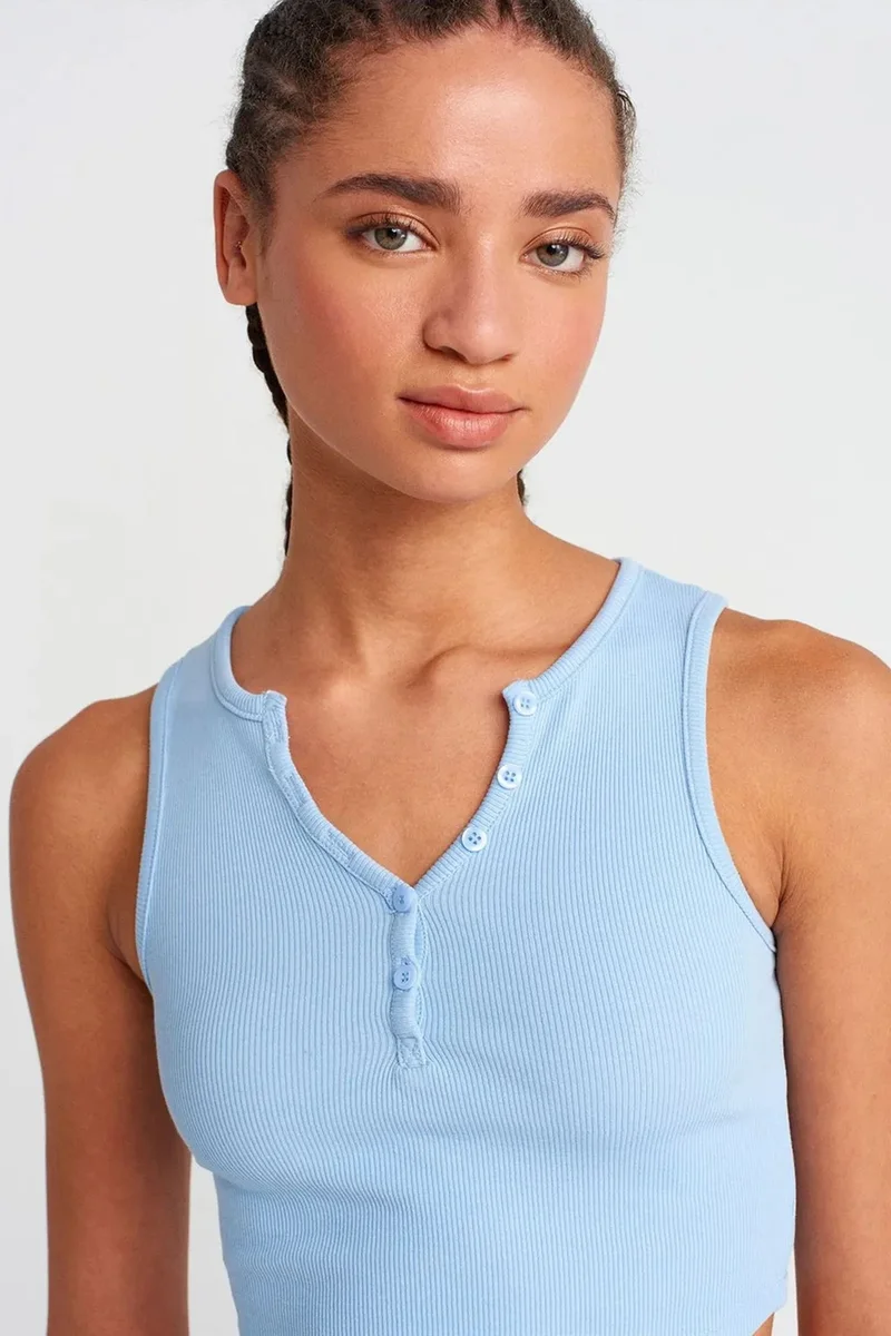 Dilvin Baby Blue DILVIN Women's Ribbed Crop Blouse With Buttons for Women | Best Price UAE