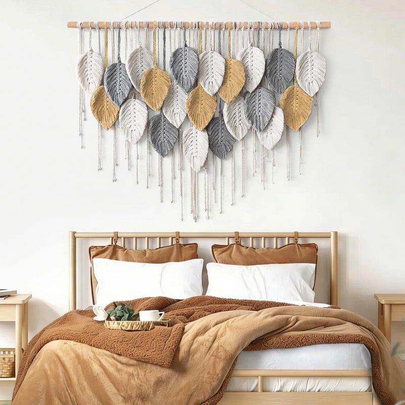 KHOYIME Large Macrame Wall Hanging Boho Woven Tapestry, Chic Modern Home Decor Bohemian Farmhouse Handmade Leaf Feather Wall Art Decorations for Living Room Bedroom Nursery Dorm Backdrop 39"W X 29.5"L - Image 5