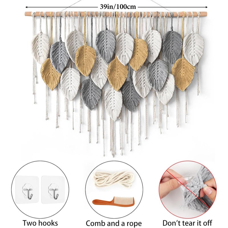KHOYIME Large Macrame Wall Hanging Boho Woven Tapestry, Chic Modern Home Decor Bohemian Farmhouse Handmade Leaf Feather Wall Art Decorations for Living Room Bedroom Nursery Dorm Backdrop 39"W X 29.5"L - Image 2