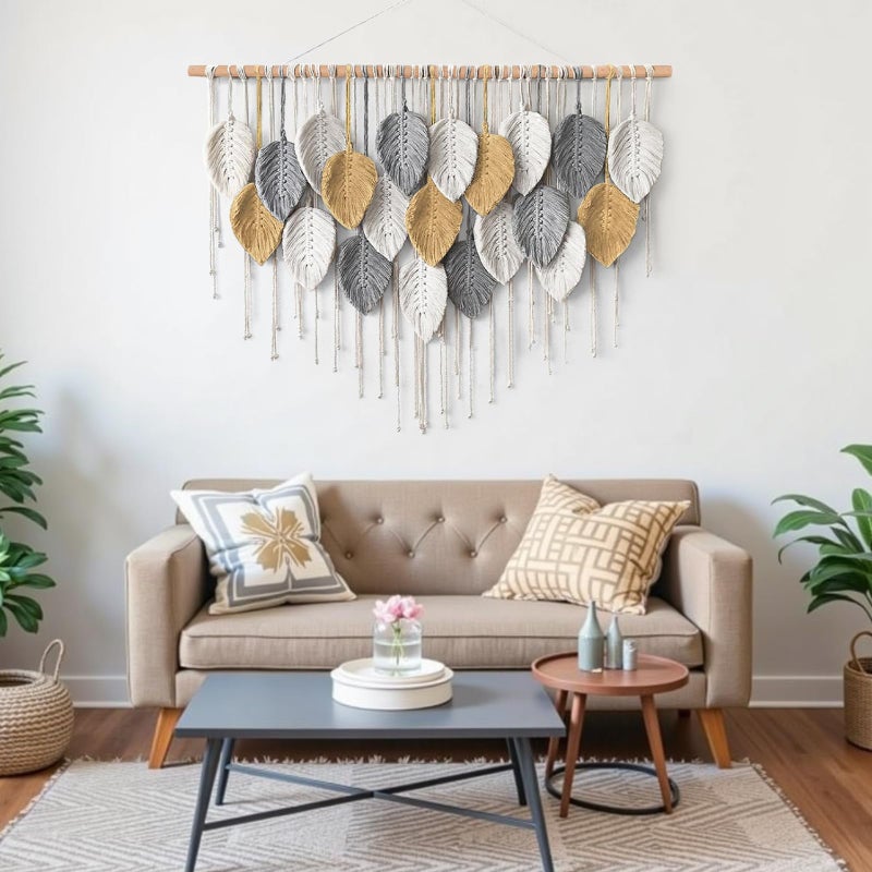 KHOYIME Large Macrame Wall Hanging Boho Woven Tapestry, Chic Modern Home Decor Bohemian Farmhouse Handmade Leaf Feather Wall Art Decorations for Living Room Bedroom Nursery Dorm Backdrop 39"W X 29.5"L - Image 3