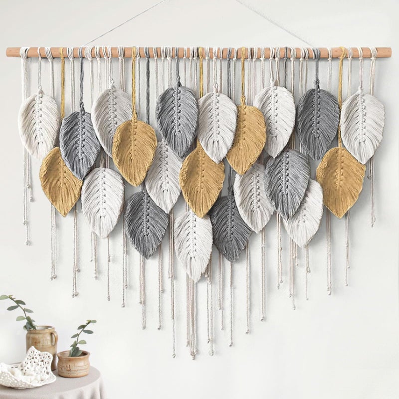KHOYIME Large Macrame Wall Hanging Boho Woven Tapestry, Chic Modern Home Decor Bohemian Farmhouse Handmade Leaf Feather Wall Art Decorations for Living Room Bedroom Nursery Dorm Backdrop 39"W X 29.5"L - Image 1