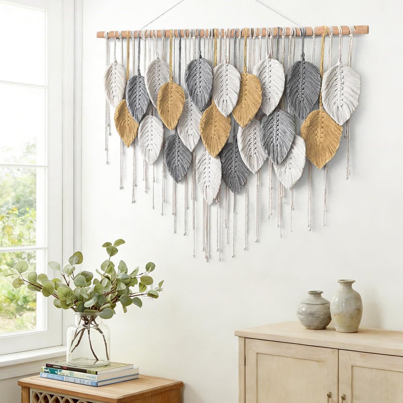 KHOYIME Large Macrame Wall Hanging Boho Woven Tapestry, Chic Modern Home Decor Bohemian Farmhouse Handmade Leaf Feather Wall Art Decorations for Living Room Bedroom Nursery Dorm Backdrop 39"W X 29.5"L - Image 4