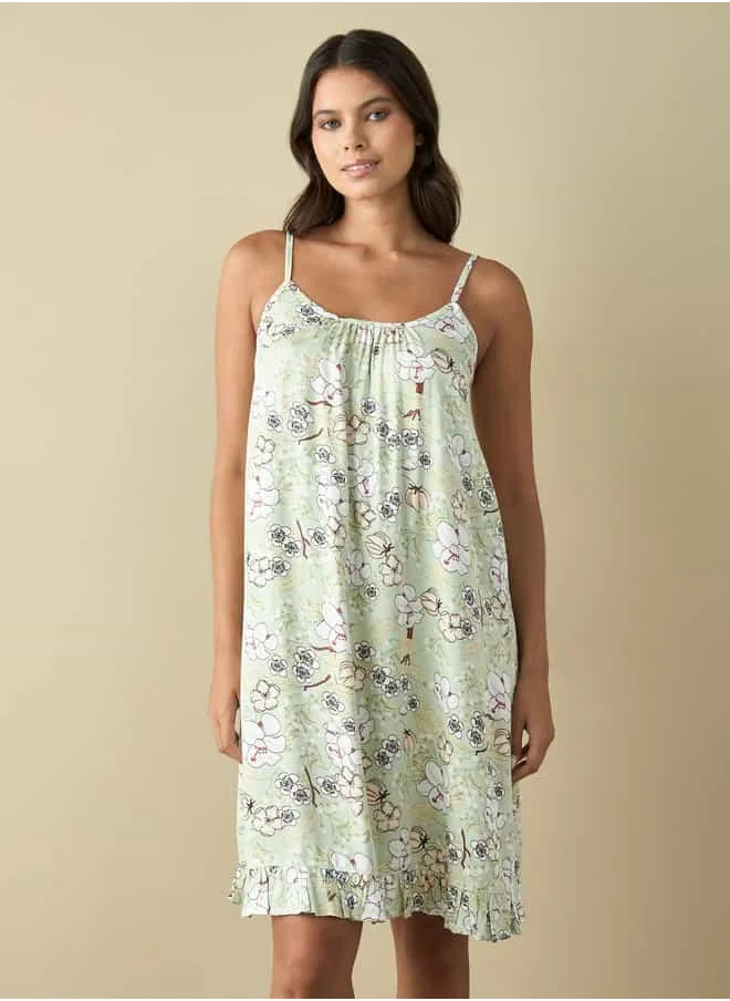 فاف All-Over Floral Print Strappy Midi Slip Dress with Frill Hem