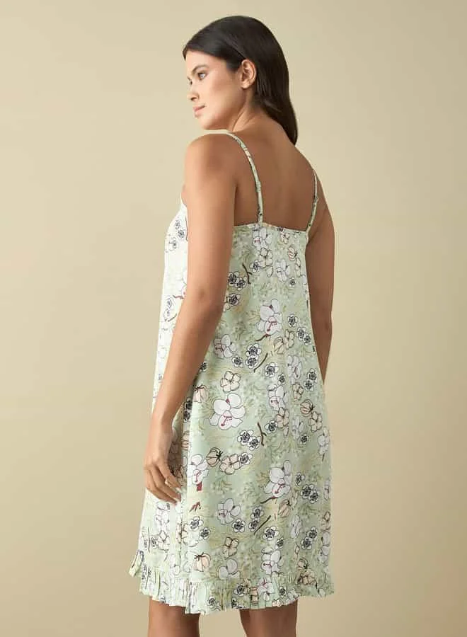 Splash FAV All-Over Floral Print Strappy Midi Slip Dress with Frill Hem