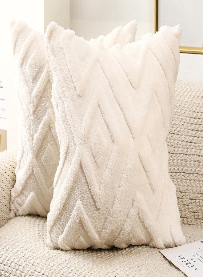 DRNOU Set of 2 Faux Fur Cream White Throw Pillow Covers 28x28,Soft Checkborad Pattern Decorative Boho Pillow Cover Case Cushion Cover for Sofa Couch Bed Livingroom Farmhouse,Modern Accent - Image 1