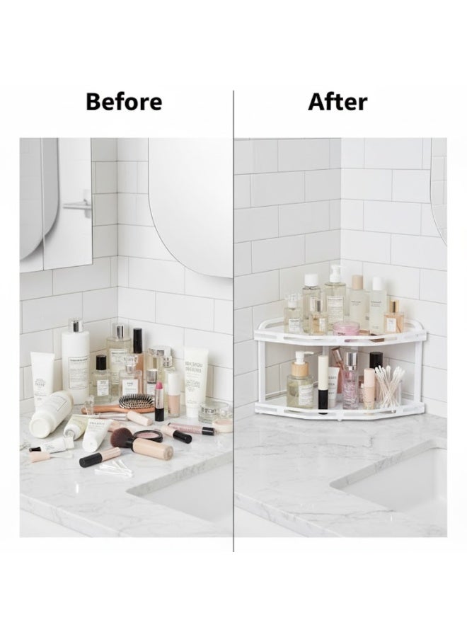 طلال منظم لرفوف زاوية من مستويين لسطح الحمام، منظم لمستحضرات التجميل، حامل للعطور، رف قائم لمستحضرات التجميل، منظم لرف التوابل لسطح المطبخ، منظم لأدوات التخزين أسفل الحوض - Image 4