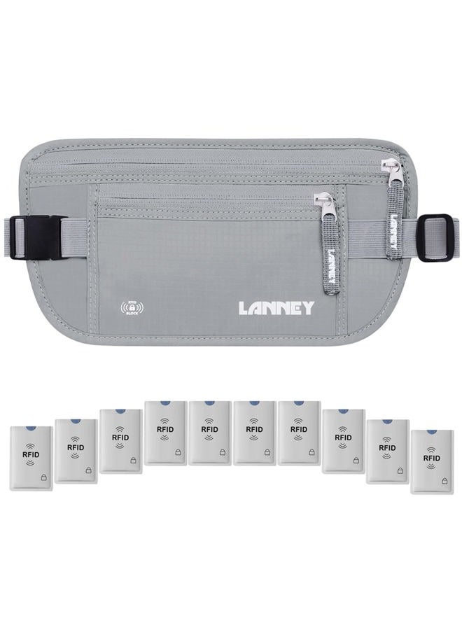 LANNEY Travel Money Belt RFID Blocking for Men Women Waist Wallet with 10 RFID Sleeves, Silver Gray, One size - Image 1