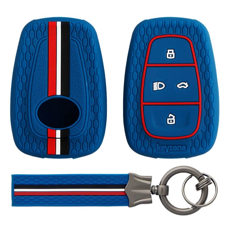 keyzone Striped Silicone Key Cover & Keychain Compatible forPunch EV,Altroz,Nexon EV,Punch,Tigor EV,Safari,Tiago EV,Nexon,Harrier,Tiago,Tigor 4 Button Smart Key(Blue with Blue Striped KH) - Image 1