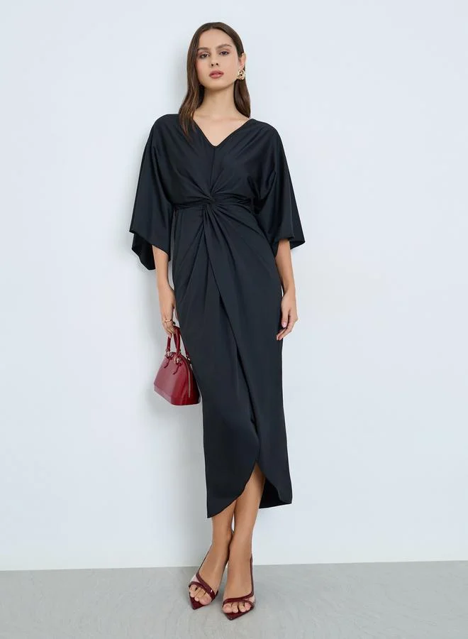Take Two Black Pleated Detail Midi Dress