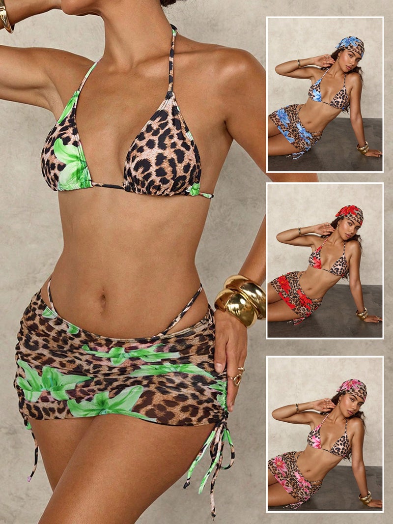Swimwear Leopard Print Contrast Triangle Cup Lace-Up Bikini Swimwear - Image 3
