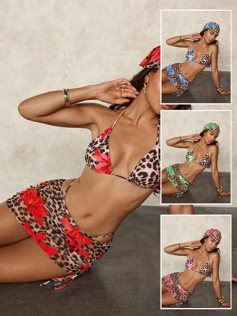 Swimwear Leopard Print Contrast Triangle Cup Lace-Up Bikini Swimwear - Image 2