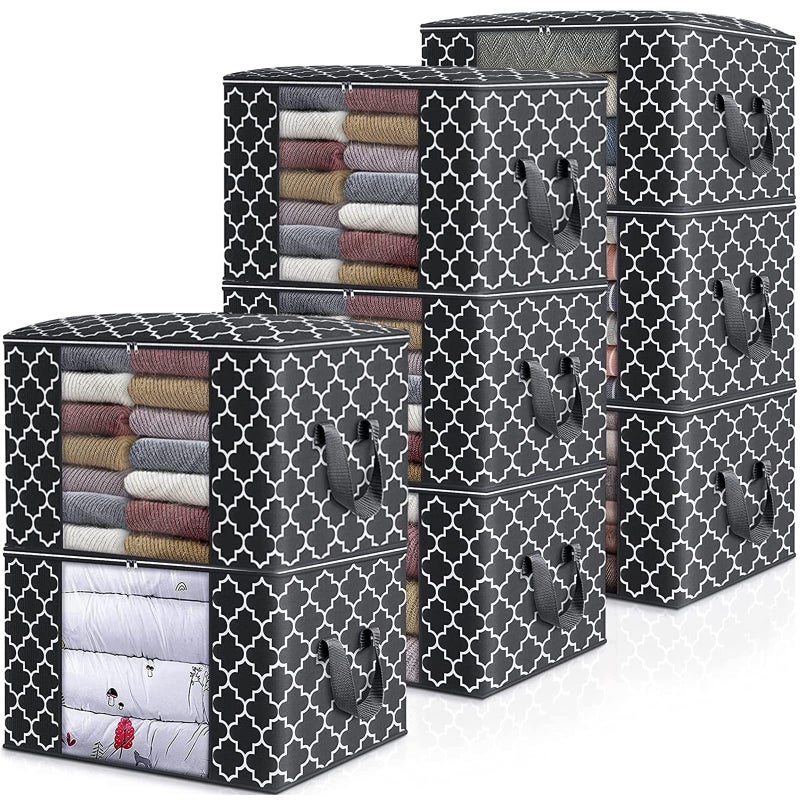 الحكمة والحياة أكياس تخزين Wiselife سعة 100 لتر مكونة من 8 عبوات كبيرة لتنظيم الملابس وحاويات تخزين لألحفة الفراش ومنظم قابل للطي مع مقبض معزز ونافذة شفافة وسحابات قوية باللون الأسود - Image 1