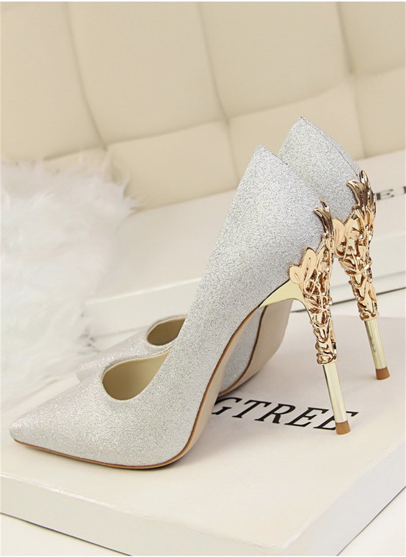 BIGTREE 10cm Stylish Metal Pumps With Slim Heels High heels Shallow-Cut Pointed Satin Pumps Grey  - Image 2