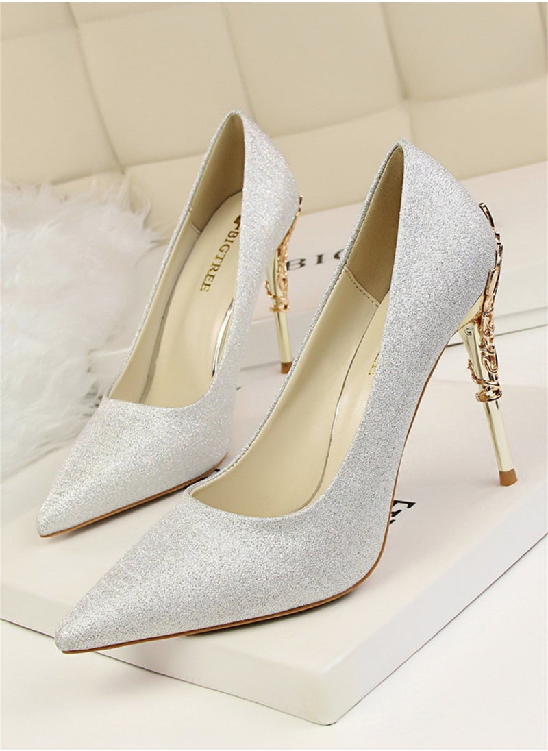 BIGTREE 10cm Stylish Metal Pumps With Slim Heels High heels Shallow-Cut Pointed Satin Pumps Grey  - Image 1
