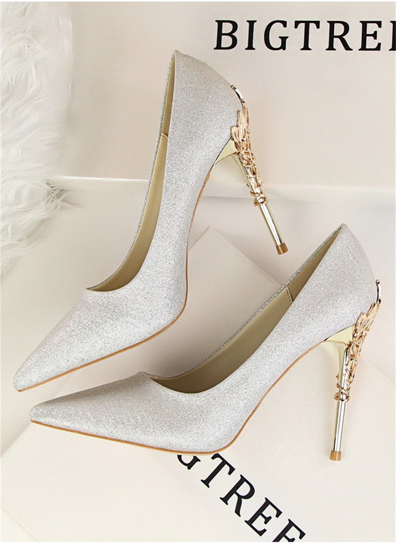 BIGTREE 10cm Stylish Metal Pumps With Slim Heels High heels Shallow-Cut Pointed Satin Pumps Grey  - Image 3