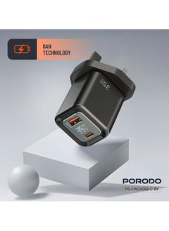 porodo Dual-Port Wall Charger 35W with Type-C Cable and Digital Display / Quick Charger / GaN Technology / UK Plug / for Phone/Tablet/Camera/Controller / Home and Travel - Black  - Image 3