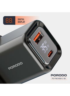 porodo Dual-Port Wall Charger 35W with Type-C Cable and Digital Display / Quick Charger / GaN Technology / UK Plug / for Phone/Tablet/Camera/Controller / Home and Travel - Black  - Image 4