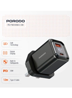 porodo Dual-Port Wall Charger 35W with Type-C Cable and Digital Display / Quick Charger / GaN Technology / UK Plug / for Phone/Tablet/Camera/Controller / Home and Travel - Black  - Image 2