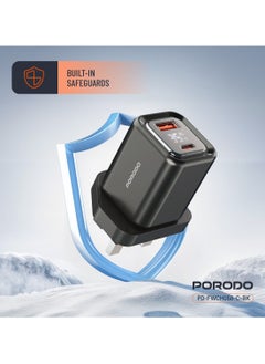 porodo Dual-Port Wall Charger 35W with Type-C Cable and Digital Display / Quick Charger / GaN Technology / UK Plug / for Phone/Tablet/Camera/Controller / Home and Travel - Black  - Image 5