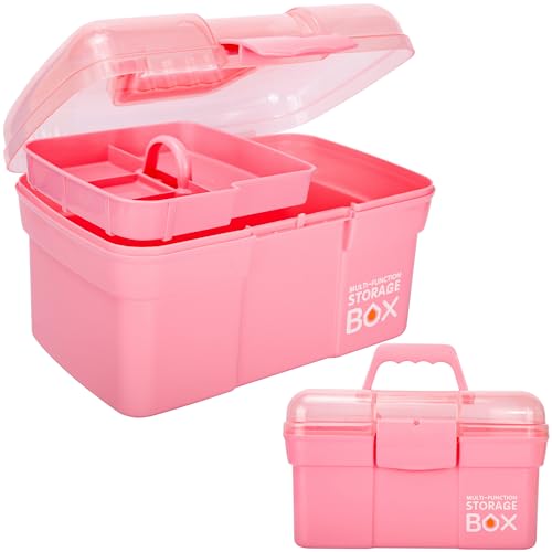 TERGOO 11in Mutipurpose Storage Box Organizer with Removable Tray, Portable Small Craft Organizer with Handle, Plastic Clear Tool Box Art Case for Makeup, Sewing, Nail, Hair Accessories (Pink) - Image 1