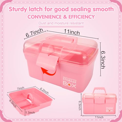 TERGOO 11in Mutipurpose Storage Box Organizer with Removable Tray, Portable Small Craft Organizer with Handle, Plastic Clear Tool Box Art Case for Makeup, Sewing, Nail, Hair Accessories (Pink) - Image 2