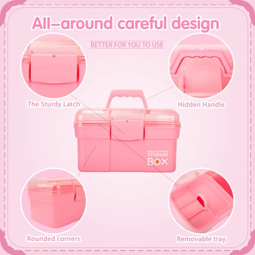 TERGOO 11in Mutipurpose Storage Box Organizer with Removable Tray, Portable Small Craft Organizer with Handle, Plastic Clear Tool Box Art Case for Makeup, Sewing, Nail, Hair Accessories (Pink) - Image 3