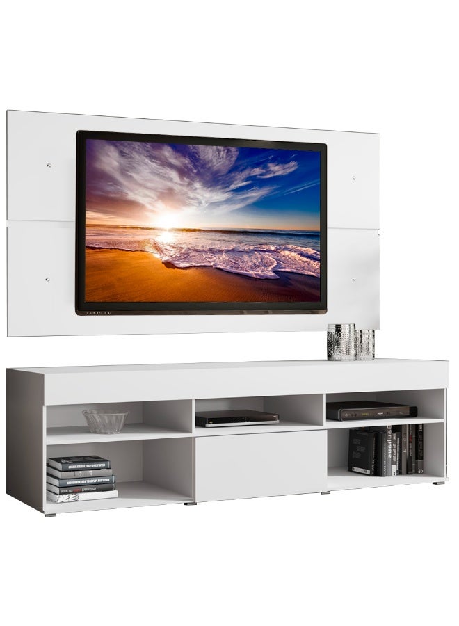 Madesa TV Stand with panel, for TVs up to 65 Inches, Wood, 180 x 157 x 40 Cm – White - Image 2