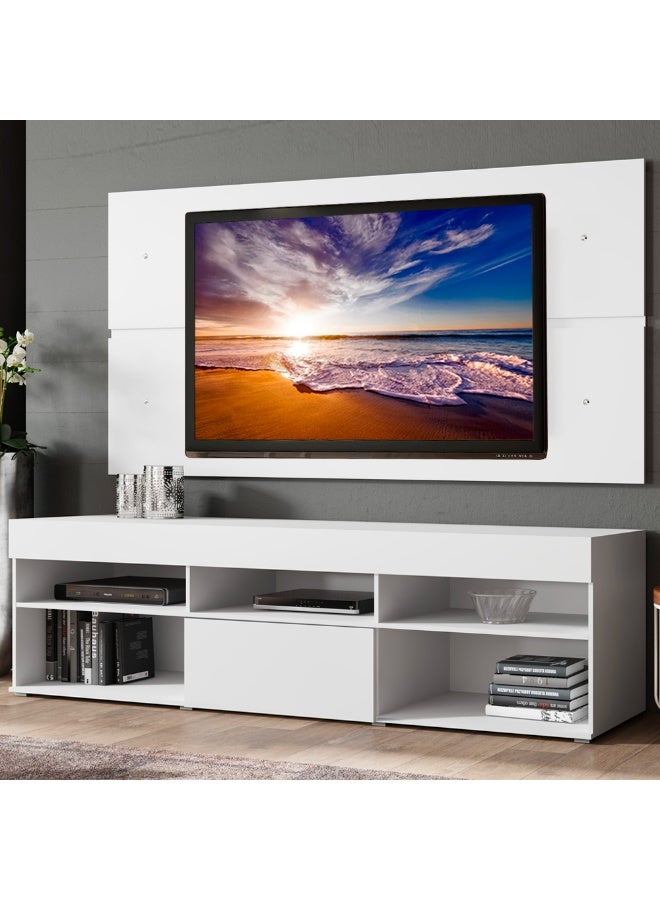 Madesa TV Stand with panel, for TVs up to 65 Inches, Wood, 180 x 157 x 40 Cm – White - Image 1