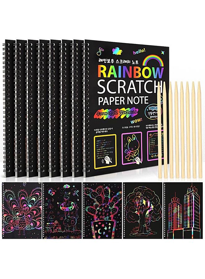 YelaJoy 8 Pack Scratch Arts Drawing Notebook Paper for Kids Art Supplies, Large Rainbow Scratch and Sketch Books Set for Kids Party Favors - Image 1