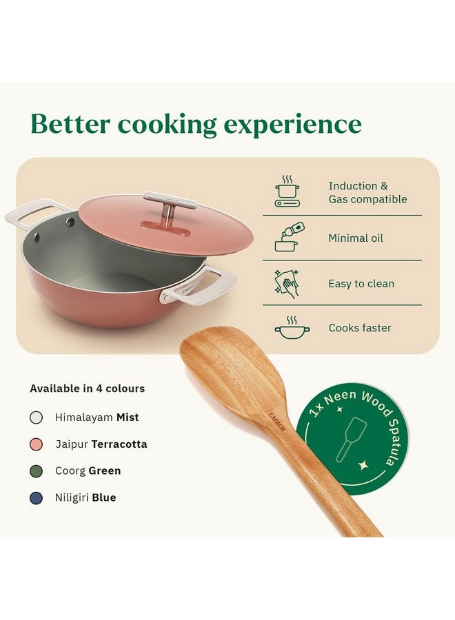 Ember Cookware أواني الطهي إمبر أركيلا سيراميك غير لاصق كاداي 24 سم | غطاء معدني | مقابض من الفولاذ المقاوم للصدأ | 1x ملعقة مسطحة | آمنة للاستخدام على الحث | غير سامة | مقلاة عميقة | خالية من PFAS و PTFE | سلسلة كابري | تيراكوتا - Image 3