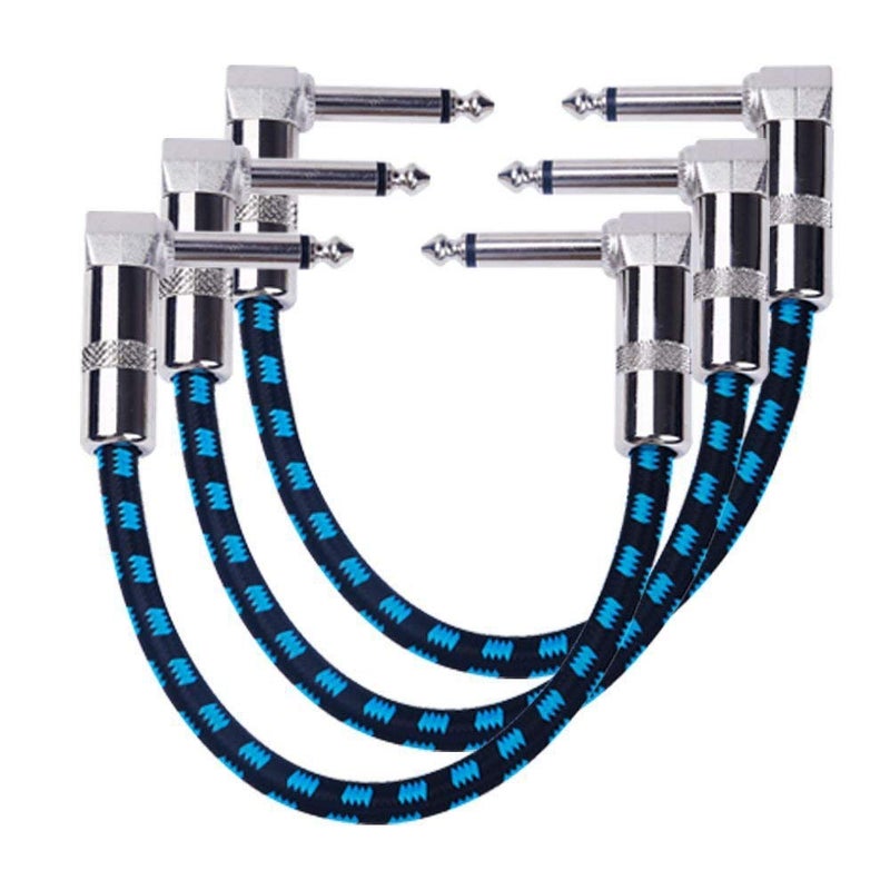 GOGHOST 3-Pack 6 Inch Guitar Patch Cable with 1/4" Right Angle Plugs, Black and Blue Tweed Woven Jacket (Guitar Effect Pedal Board Patch Cables) - Image 1