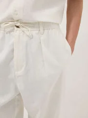 Ovs  OVS White Linen-Cotton Blend Trousers With Elasticated Waistband for Men | Best Price UAE