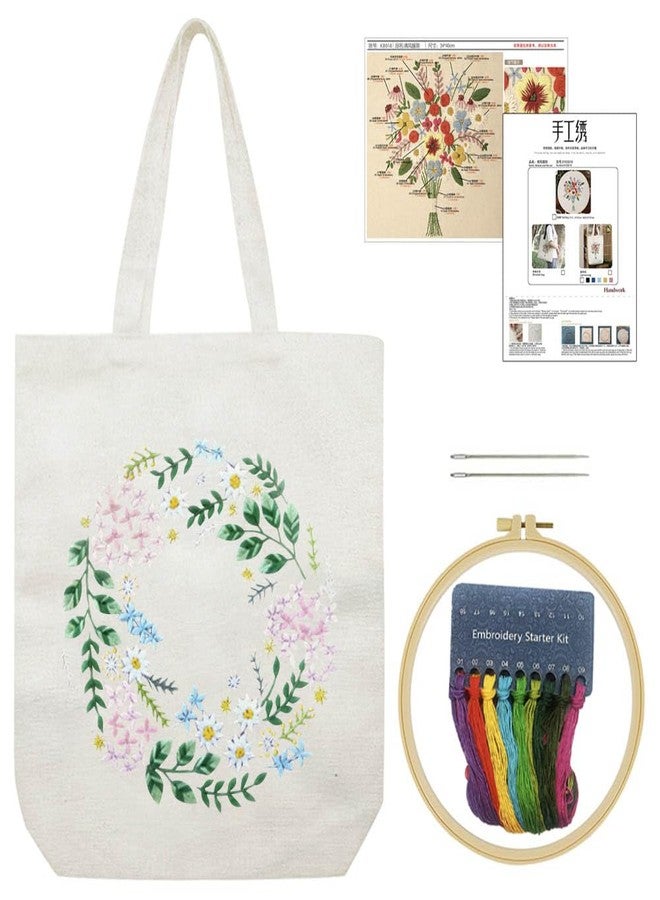 YANGSHINE Canvas Tote Bag Embroidery Kit with Pattern, Cross Stitch Kits for Beginners, Adults Arts Crafts Needlepoint Kit Include Embroidery Bag, Hoop and Instruction (Beige Bag, Flower) - Image 1