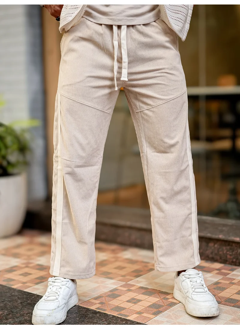 مانياك Maniac Mens ColorBlock Beige, Half White Tape Corduroy fabric Jogger