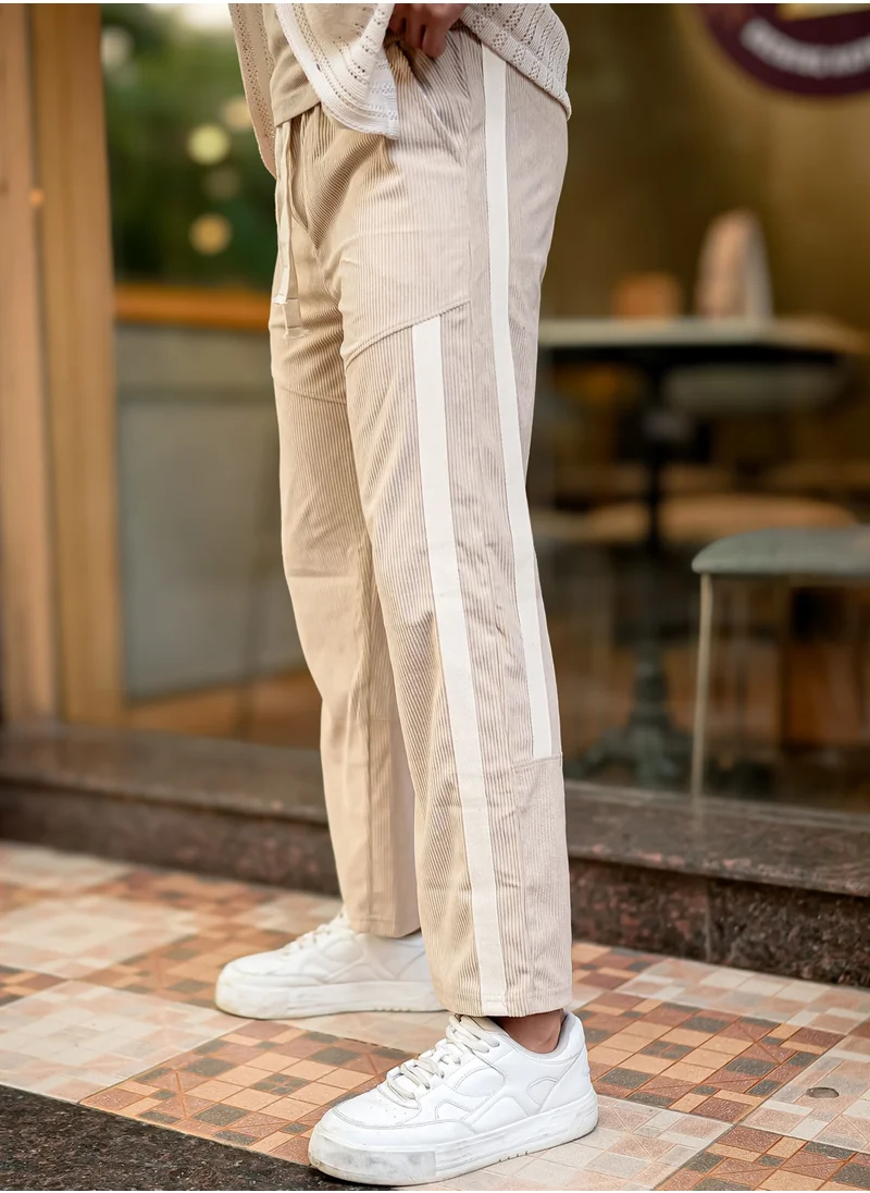 مانياك Maniac Mens ColorBlock Beige, Half White Tape Corduroy fabric Jogger