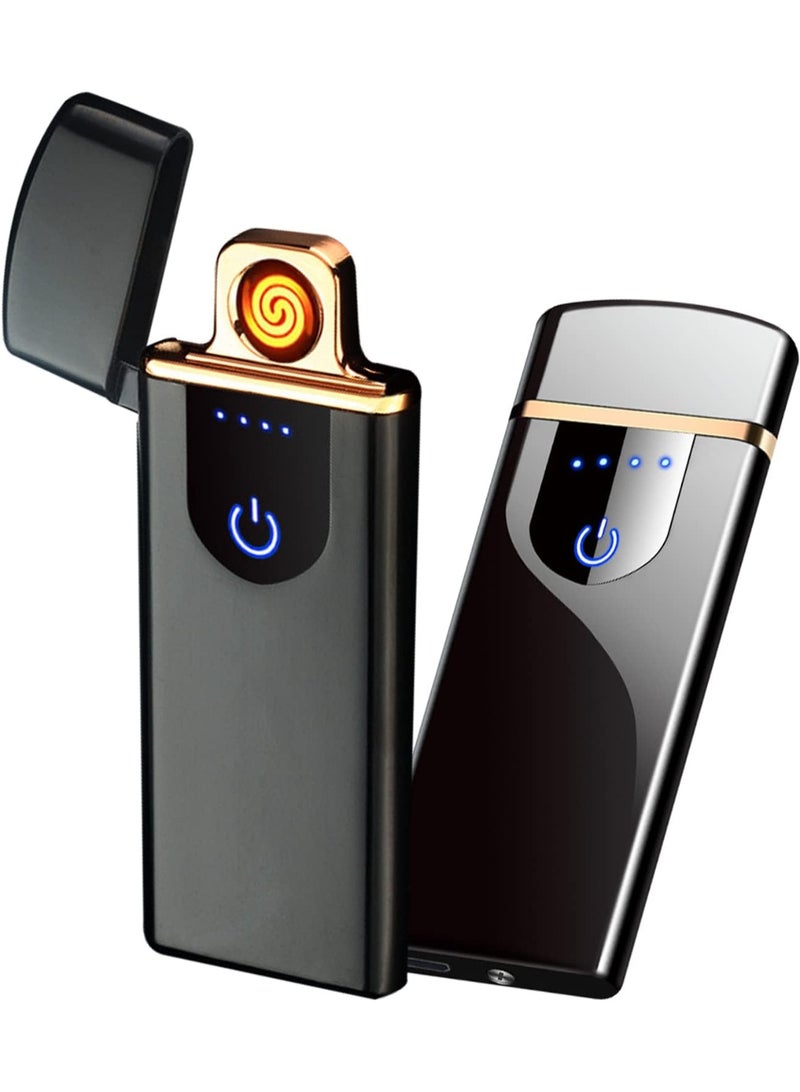 USB Rechargeable Electric Lighter, Windproof Flameless Design, Touch Sensor, Battery Indicator, Portable (Black) - Image 1