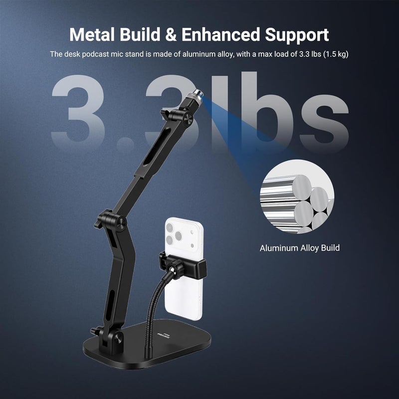 Neewer Balanced weight Desk Microphone Stand with Phone Clamp & Flexible Arm, Adjustable Table Top Mic Holder Mount with 1/4" to 5/8" Screw Adapter Compatible with Blue Yeti Razer Seiren Mini, Max Load 3.3 lbs, MS022 Balanced weight - Image 4