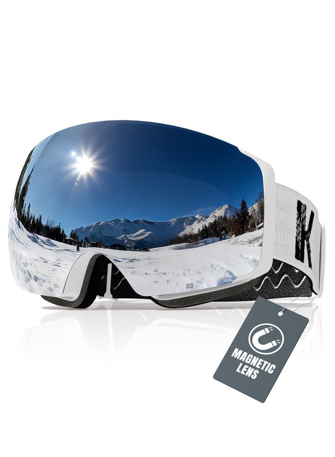 Innerking® Magnetic Ski Goggles, Interchangeable Lens Snow Goggles SGS Approved, OTG Anti Fog Snowboarding Goggles for Women Men Adult Youth - White Frame Silver 10% - Image 1