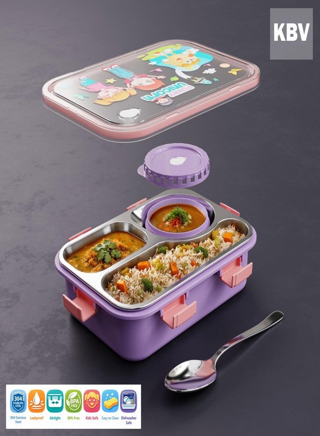KBV Stainless Steel Lunch Box 3 Compartment Leak Proof, BPA Free Tiffin Box for Kids & Adults, School Lunch Box, Office Lunch Box, Meal Prep Container for Travel (Pink Purple) - Image 4