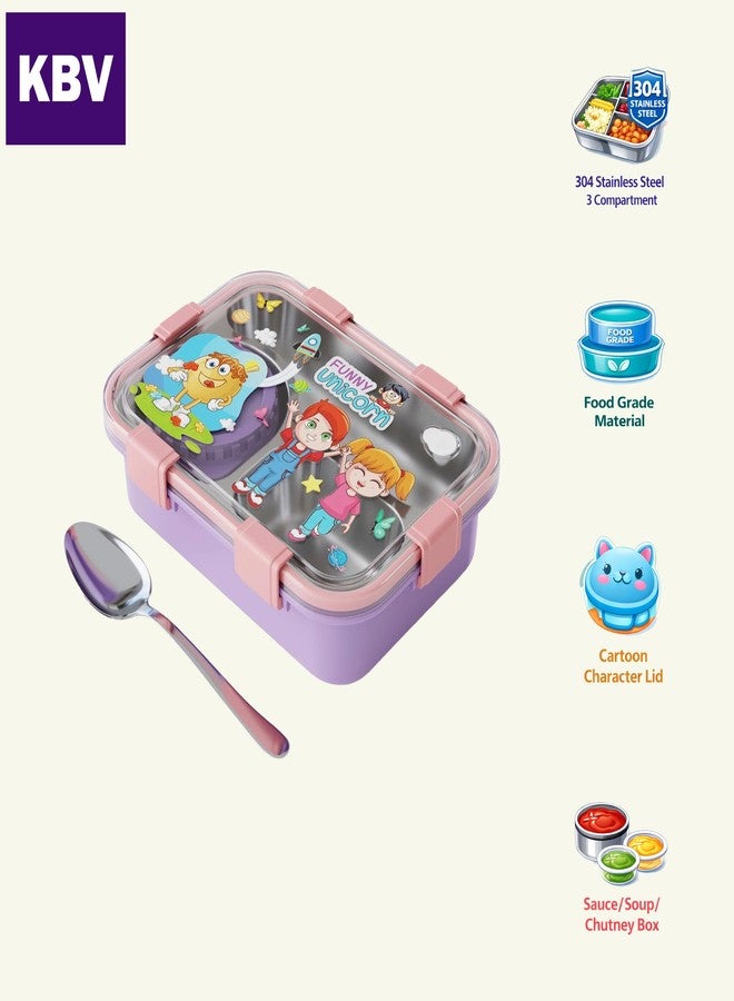 KBV Stainless Steel Lunch Box 3 Compartment Leak Proof, BPA Free Tiffin Box for Kids & Adults, School Lunch Box, Office Lunch Box, Meal Prep Container for Travel (Pink Purple) - Image 2
