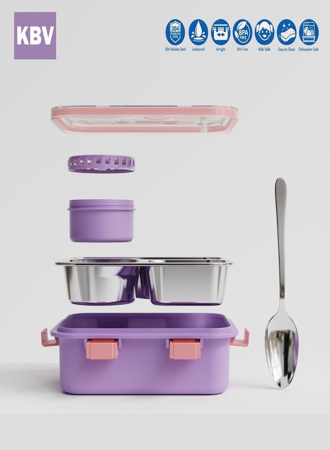 KBV Stainless Steel Lunch Box 3 Compartment Leak Proof, BPA Free Tiffin Box for Kids & Adults, School Lunch Box, Office Lunch Box, Meal Prep Container for Travel (Pink Purple) - Image 3