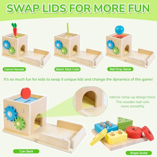 Just Wood ألعاب مونتيسوري JUSTWOOD للأطفال من عمر 1 سنة فما فوق، مجموعة ألعاب خشبية 8 في 1 تشمل صندوق دائم للأشياء، مكعب نشاط تعليمي، لعبة فرز وتكديس، لعبة حصاد الجزر، هدية للأولاد والبنات من عمر 12 شهرًا فما فوق - Image 3