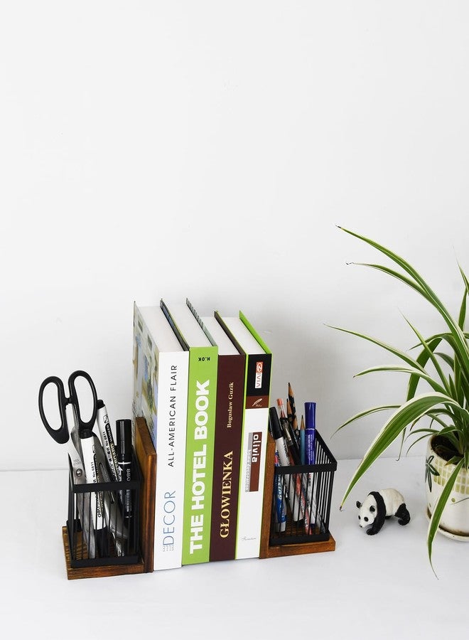Owlgift Rustic Burnt Wood Decorative Bookends for Heavy Books with Matte Black Metal Wire Basket Pencil Holder and Office Supplies Storage Baskets Bins for Home, Office, Classroom, Dorm Room - Image 4