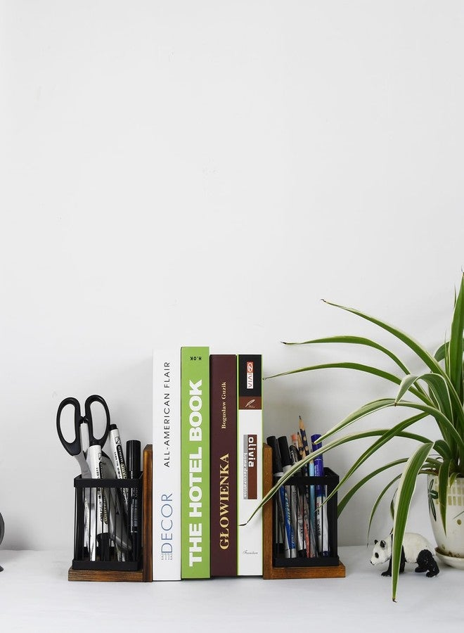 Owlgift Rustic Burnt Wood Decorative Bookends for Heavy Books with Matte Black Metal Wire Basket Pencil Holder and Office Supplies Storage Baskets Bins for Home, Office, Classroom, Dorm Room - Image 2