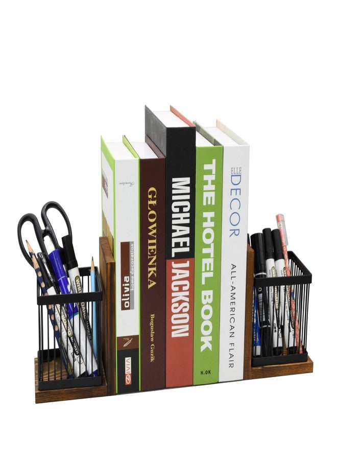 Owlgift Rustic Burnt Wood Decorative Bookends for Heavy Books with Matte Black Metal Wire Basket Pencil Holder and Office Supplies Storage Baskets Bins for Home, Office, Classroom, Dorm Room - Image 1