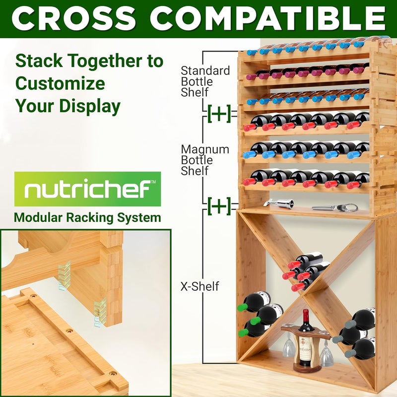 NutriChef 72 Bottle Wine Rack Stackable Bamboo Freestanding, 8-Tier Modular Shelf, Sturdy Wobble Free, Upgraded 2026 Design, Easy No-Tool Assembly for Kitchen, Cellar or Bar 33.5" x 10" x 41" (White) - Image 4