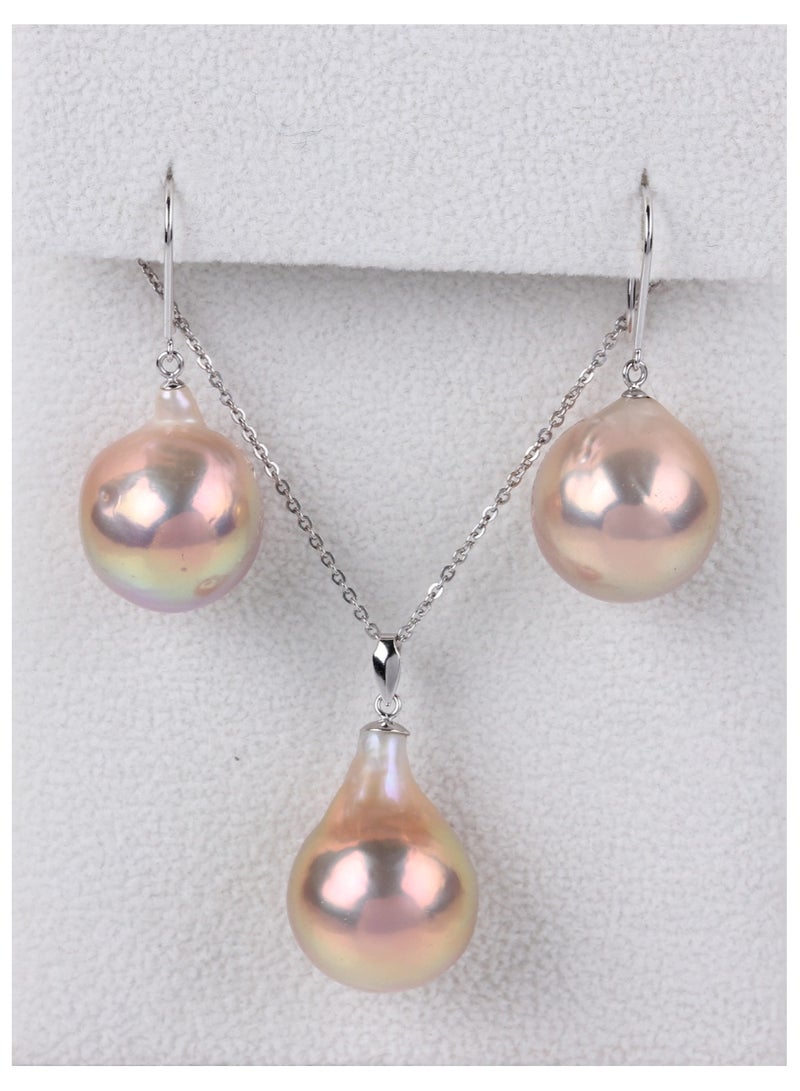 MIKURA Pendant Chain+Earring Set, Freshwater Pearls, C Quality, Natural Multi Color, 15.5-15.0MM, Palladium+18KW  - Image 1